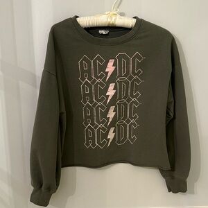 Gray by Grayson Social Sweatshirt AC/DC Olive Green w Pink Crew Neck Medium